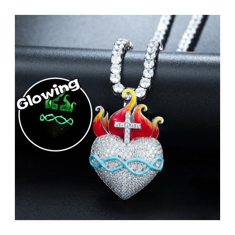 Iced Glowing Flame Heart Pendant