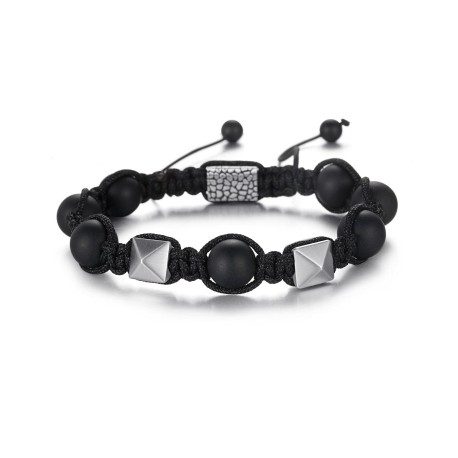 Stainless Steel Pyramid Black Onyx Beads Bracelet