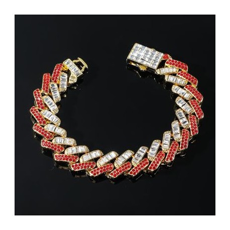 15mm Baguette Cut Red Diamonds Cuban Bracelet