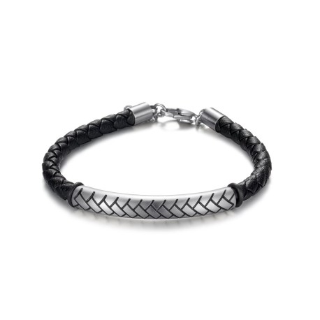Stainless Steel Tube Black Leather Bracelet