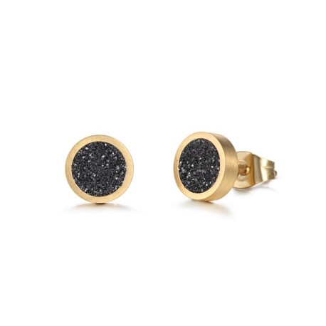 Round Bling Black Stardust Stud Earrings in 18k Gold