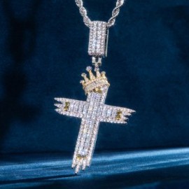 Two-Tone Baguette Diamond Cross with Crown Pendant