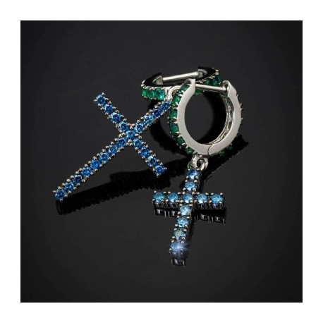 Emerald Huggie & Blue Sapphire Cross Asymmetrical Earrings