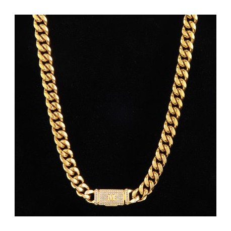 10mm 20" Iced Initial Letter Stainless Steel Cuban Chain in 18K Gold Plated
