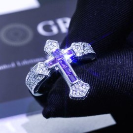 Iced Purple/White Baguette Cut Cross Ring