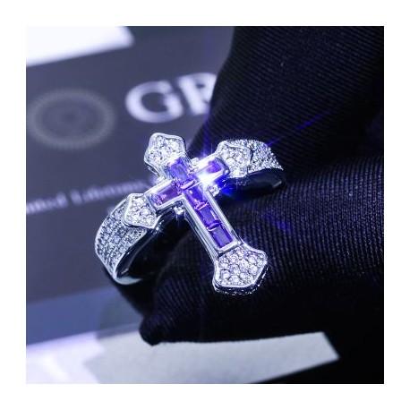 Iced Purple/White Baguette Cut Cross Ring