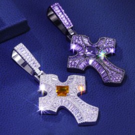 Iced Purple/Fancy Baguette Christian Cross Pendant