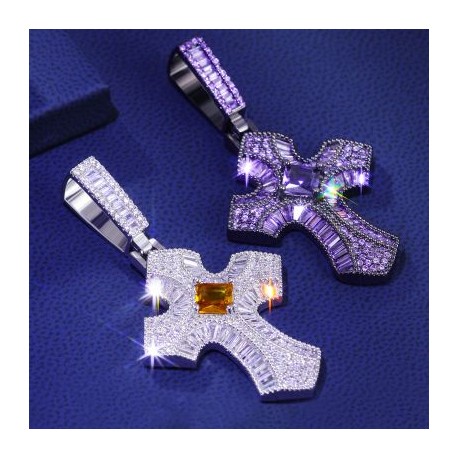 Iced Purple/Fancy Baguette Christian Cross Pendant