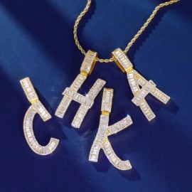 Iced Baguette A-Z Letters Pendant in Gold