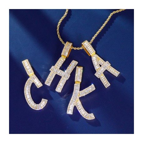 Iced Baguette A-Z Letters Pendant in Gold