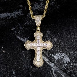 Princess Cut Iced Cross Pendant in Gold