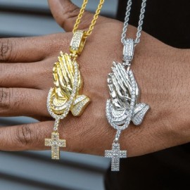 Iced Praying Hands Holding Tennis Chain Cross Pendant