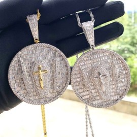 Iced Baguette Cut Crucifix Cross Round Pendant