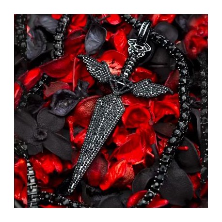 Iced Out Black Angel Wings Sword Pendant