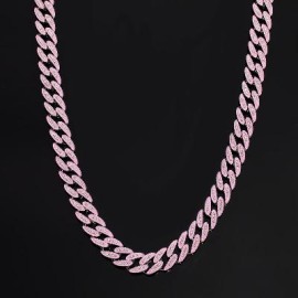 14mm Iced Glow in the Dark Pink Enamel Miami Cuban Chain in White Gold