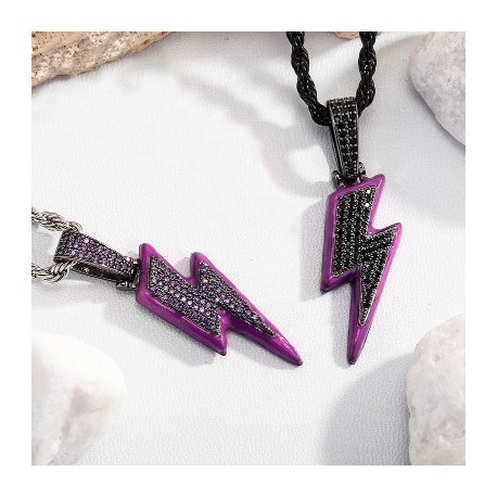 Iced Enamel Purple Lightning Pendant in Black Gold