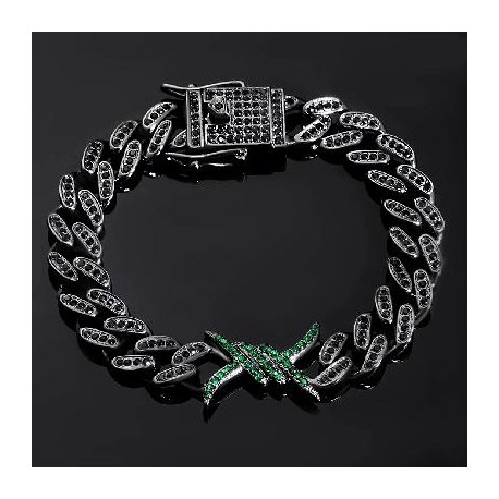 10mm Emerald & Black Iced Cuban Barb Wire Bracelet in Black Gold