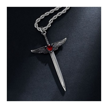 Ruby Heart Angel Wings Sword Pendant