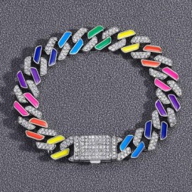 11mm Multi-Color Half-Iced Cuban Bracelet in White Gold