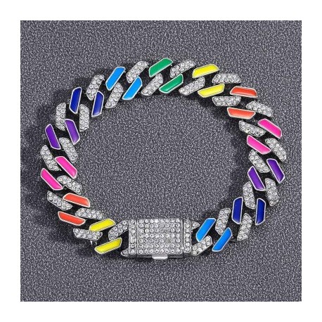 11mm Multi-Color Half-Iced Cuban Bracelet in White Gold