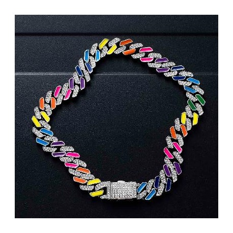 11mm Multi-Color Half-Iced Cuban Chain in White Gold