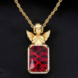 Iced Praying Angel Ruby Cube Pendant