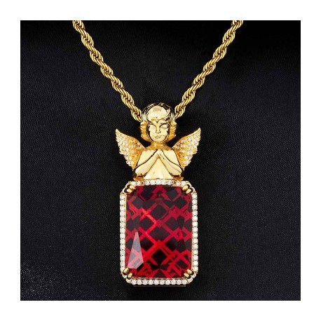 Iced Praying Angel Ruby Cube Pendant