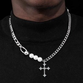 Iced Cross Pearl and Steel Chain Necklace