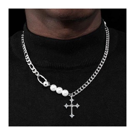 Iced Cross Pearl and Steel Chain Necklace