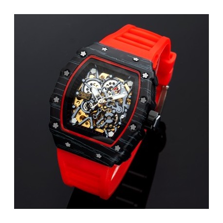 Hollow Mechanical Men's Watch with Red Silicone Strap