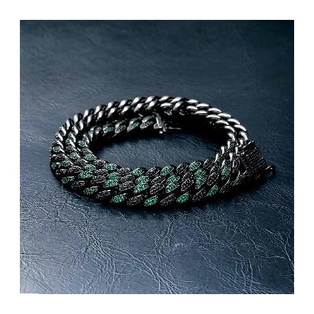 Iced 8mm Handset Emerald & Black Stones Cuban Chain in Black Gold