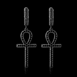 Iced Ankh Dangle Earrings in Black Gold