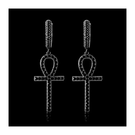 Iced Ankh Dangle Earrings in Black Gold