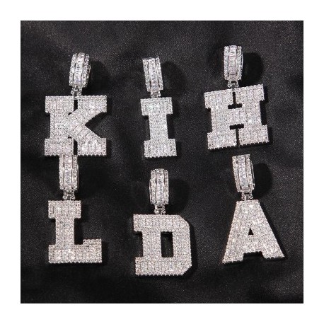 Baguette A to Z Initials Letters Pendants in White Gold