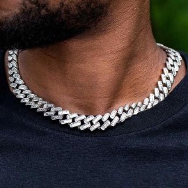 14mm Prong Baguette Cut Box Clasp Cuban Chain in White Gold