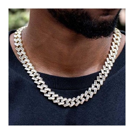 14mm Prong Baguette Cut Box Clasp Cuban Chain in Gold