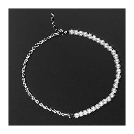 Half Pearl and Half Rope Chain in White Gold