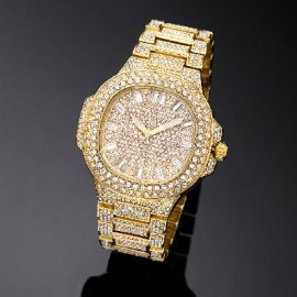 Iced Porthole Shape Luminous Watch in Gold