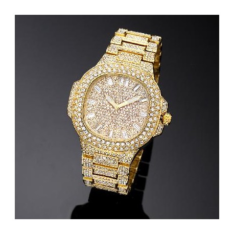 Iced Porthole Shape Luminous Watch in Gold