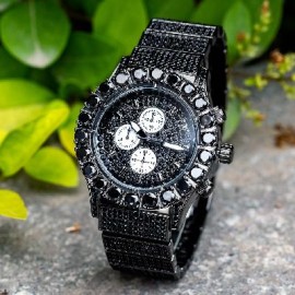 Iced Round Cut Luminous Men's Watch in Black Gold