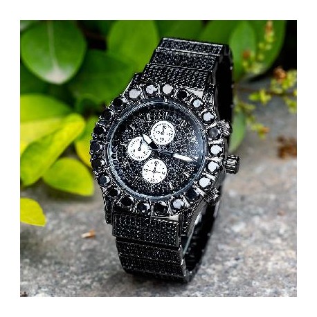 Iced Round Cut Luminous Men's Watch in Black Gold