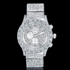 Iced Round Cut Luminous Men's Watch in White Gold