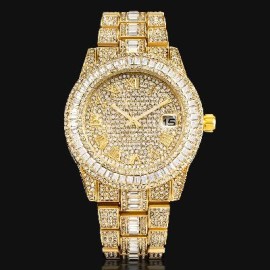 Iced Baguette Cut Roman Numerals Men's Watch in Gold