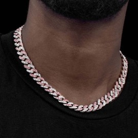 11mm White&Pink Stones Cuban Link Chain