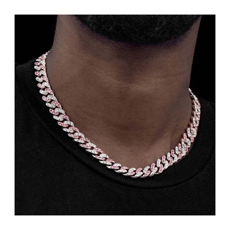 11mm White&Pink Stones Cuban Link Chain