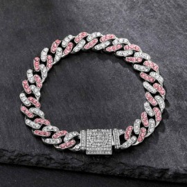 11mm White&Pink Stones Cuban Link Bracelet