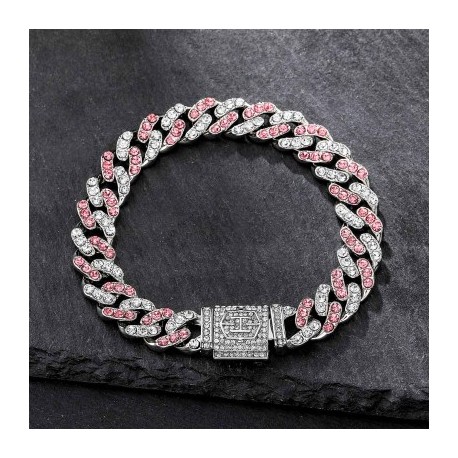 11mm White&Pink Stones Cuban Link Bracelet