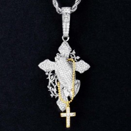 Iced Praying Hands Holding Cross Pendant