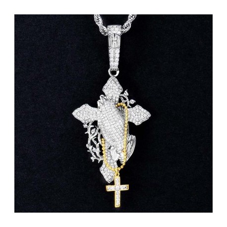 Iced Praying Hands Holding Cross Pendant