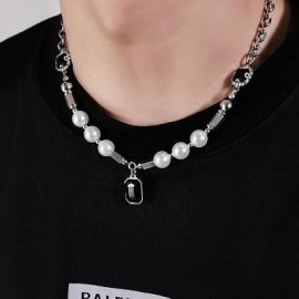 Black Sapphire Pearl Stainless Steel Chain